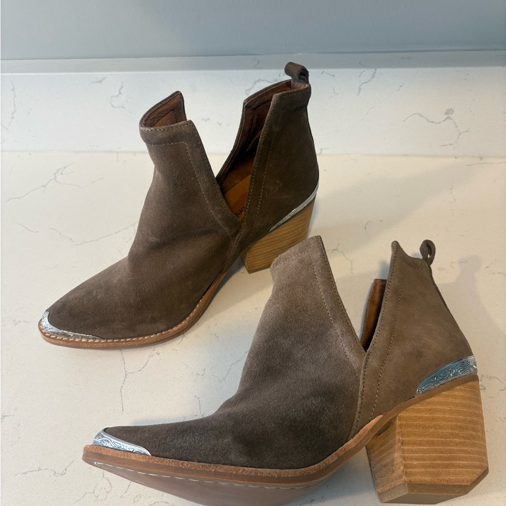 Jeffrey Campbell Cromwell Taupe Suede Cutout Ankle Booties with Silver Accents